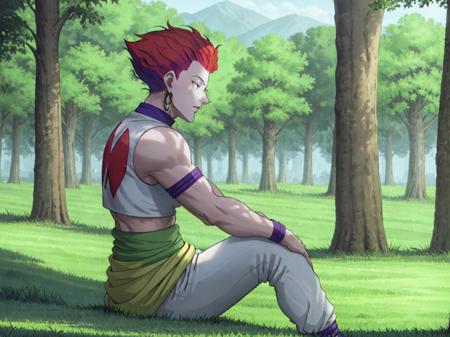 ((masterpiece, best quality)), Hisoka, 1boy, against_tree, blurry, bush, day, earrings, forest, grass, jewelry, male_focus, nature, on_grass, outdoors, pants, red_hair, sash, short_hair, sitting, solo, tree, clown,  <lora:hxh2011:0.52>