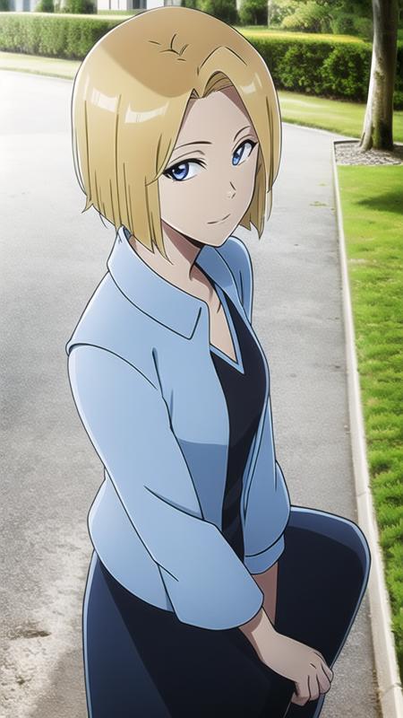 1girl, android 18, (solo:1.2), outdoors, official art, female focus, looking at viewer, <lora:Bleach-tybwV1:1>,