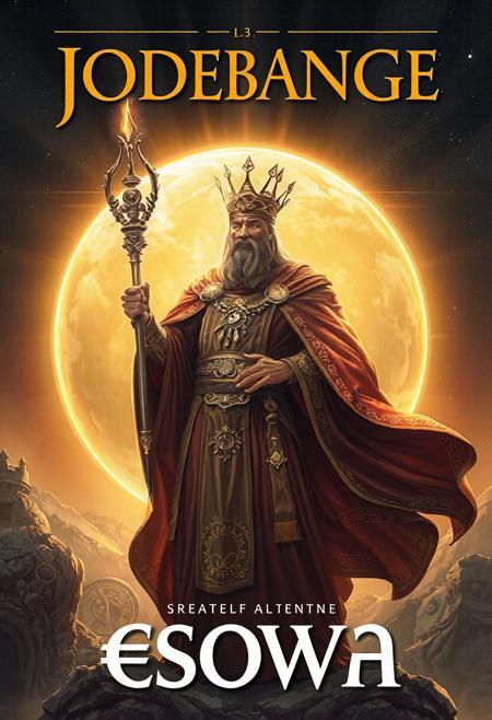 Créez une couverture de livre épique et détaillée pour une biographie de l'empereur J0debange l'Éternel, qui a fait évoluer les civilisations de la planète €sowa. Le design doit inclure :
Arrière-plan : Une représentation stylisée de la planète €sowa, avec son nom intégré subtilement dans le design, utilisant des symboles ou des motifs élégants.
break
Personnage principal : Une illustration majestueuse de l'empereur J0debange au premier plan, vêtu de robes impériales ornées et tenant un sceptre ou un artefact symbolisant son pouvoir et sa sagesse.
break
Thème de la lumière : Des éléments lumineux entourant l'empereur, comme des rayons de lumière dorée ou des auras brillantes, pour refléter son titre honorifique de 'fils de la lumière'.
break
Éléments mystiques : Des symboles arcaniques flottant autour de lui, représentant son statut de 'Prince des Arcanes'.
break
Titre du livre : Le titre 'J0debange, Empereur d'€sowa, Fils de la Lumière et Prince des Arcanes' doit être intégré de manière harmonieuse, avec une typographie élégante et lisible.
break
Style artistique : Un mélange de fantasy épique et de science-fiction, avec des détails riches et des couleurs vibrantes pour capter l'attention.
break
Ambiance générale : Une atmosphère de grandeur et de mystère, évoquant les récits épiques et les légendes anciennes."