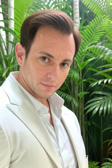 a nervous man in a $3000 white suit <lora:willArnett:1> in a jungle paradise, RAW, 8K, UHD, candid, amateur, close up, (thinking he made a big mistake)