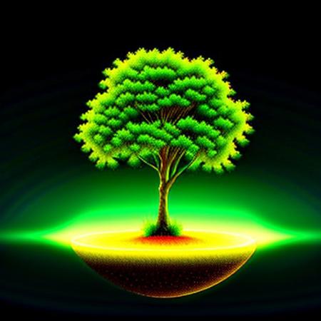 highly detailed, high quality, circle shaped tree, tree floating, glowing tree, roots,  transparent water background,