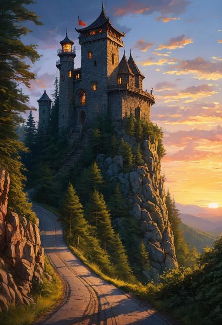 A close-up, 
portrait of a warrior with a speartip, 
in the foreground, 
in the background a single, 
winding road, 
leading up through a forest towards a high watchtower on the top on a hill, 
lights twinkle in the tower as twilight approaches and the sun sets, 
hyper-detailing, 
UHD, 
3D digital fantasy art, 
16K, 
Watercolor, 
trending on artstation, 
sharp focus, 
studio photo, 
intricate details, 
highly detailed, 
by greg rutkowski