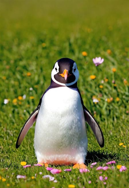 Me, little smiling penguin with big round eyes, pink tongue sticking out of my mouth and folded wings that bend slightly, in a sunny meadow with colorful flowers, childlike and adorable style.