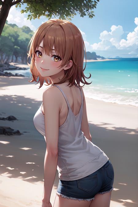 masterpiece, best quality, cowboy shot, looking at viewer, smile, iroha isshiki, short hair, tank top, shorts, outdoors, beach, <lora:iroha_isshiki_v2:0.9>