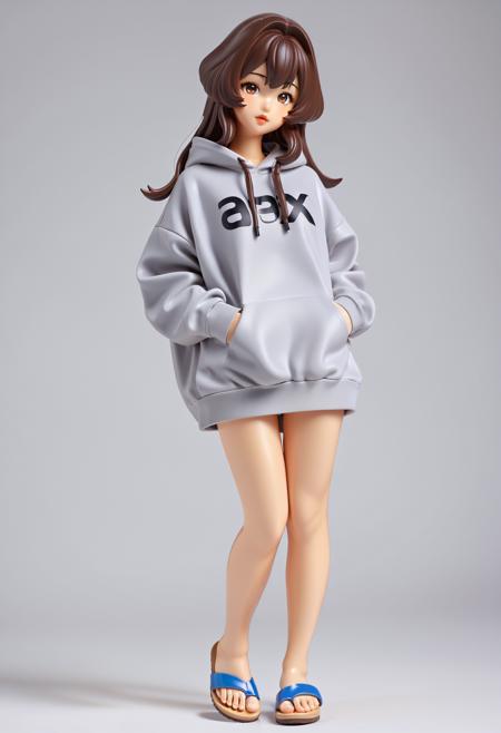 1girl, (asian:1.25) girl, figurine, anime style, dark brown hair, detailed hair, volume hair, radiant eyes, realistic, pretty face, detailed lips, glossy skin, simple background,  oversized hoodie, flip-flops, playful pose,