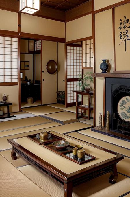 japaninterior, living room, table wooden, steam, dim light, ornament, mirror, ornate, detail, traditional, ceramic, painting, japan calligraphy, garden, <lora:ARWJapanInterior:1>