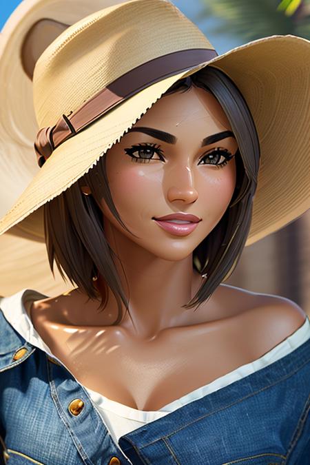 masterpiece Photo of (RobertaDeo1SD:1.1) smiling ranch stetson hat (denim:1.1) depth of field bokeh bright morning light (masterpiece) (best quality) (detailed) (8k) (HDR) (wallpaper) (cinematic lighting) (sharp focus) (intricate) dark skin