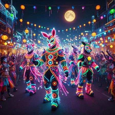 LED, colorful LED lights,
(focus on horses:1.5),
A vibrant festival parade at night, featuring a lead character in a dazzling neon-lit outfit glowing with pink, blue, green, and purple LED lights, intricate and flashy costume design, standing confidently in a full-body pose, capturing all attention. Behind them, a lively procession of diverse characters including animal-masked dancers, clowns, and performers adorned with star and moon motifs, all wearing colorful, glowing costumes. The background showcases a bustling night city with glowing lanterns and festive lights, a cheering crowd adding to the energetic atmosphere. The scene is vivid, cyberpunk-inspired, with highly detailed, dynamic, and colorful visuals.
8k, score_9, score_8_up, score_7_up,
masterpiece,realistic,ultra detailed, vibrant colors,photo-realistic,