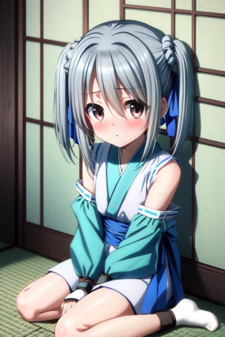 masterpiece, best quality, ultra-detailed, <lyco:sagara_youchien-000140:0.7>, takenaka hanbei, 1girl, solo, looking at viewer, blush, full-face blush, fingerless gloves, hair ribbon, long hair, twintails, detached sleeves, japanese clothes, obi, embarrassed, indoors, wariza, v arms, from avobe, sitting