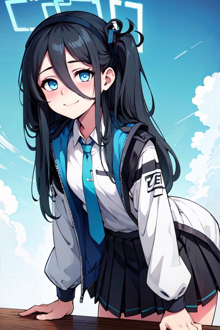 zzArisu, blue eyes, black hair, long hair, one side up, hairband, halo white jacket, white shirt, blue necktie, black skirt, pleated skirt,