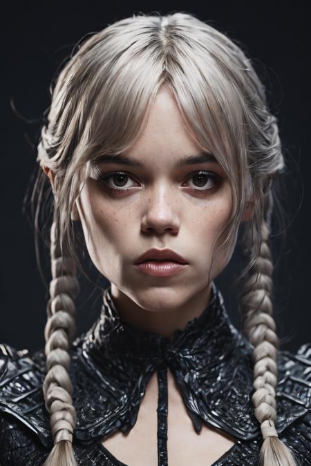 portrait photo of jenort <lora:JennaOrtegaDogu2.1:0.85>  braided hair , analog style, intricate upper body portrait of ( woman:1), nordic warrior, (silver hair:1.2), blood splatters, barbarian armor, furs, (looking_to_camera:1.1), battle stance, angry, snowy analog style, hyper realistic lifelike texture dramatic lighting, nikon RAW photo,8 k,Fujifilm XT3,masterpiece, best quality, realistic, photorealistic,ultra detailed,extremely detailed face,