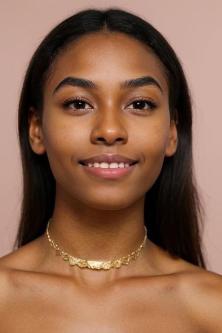 (8k:1.3, masterpiece, best quality, high quality, absurdres, ultra-detailed), headshot portrait, 1girl, solo, natural beauty, chiseled features, feminine, gorgeous, model, detailed face, hyper realistic skin, (((characteristic face))), (((high cheekbones, narrow chin, hollow cheeks))), ((innocent, virgin)), (((tight gold choker))), ((adorable)), (19 years old), ((black hair)), (((amazing hair))), ((thick eyebrows)), (((random moles))), ((eye reflections)), ((amazing eyes)), white teeth, ((characteristic mouth)), subtle make-up, blushed cheeks, ((full lips)), smokey eyes, ((thick eyebrows)), symmetric face, narrow face, big lips, big eyes, (teeth gap), ((characteristic teeth)), soft smooth skin, (((closed mouth))), (((dimples))), ((pink lips)), 
blurred background depicting a bedroom, 
(perfecteyes eyes), (subtle smile), easynegative, CyberRealistic_Negative