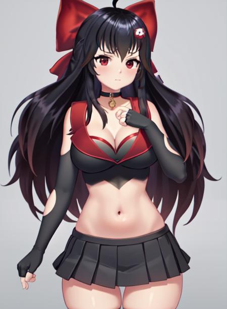 best quality, (masterpiece),(ultra-detailed), (high quality), (high resolution),  <lora:YadiDoll:0.7>,YadiDoll, 1girl, solo, long hair, breasts, looking at viewer, skirt, large breasts, simple background, shirt, black hair, hair ornament, red eyes, gloves, white background, bow, navel, cleavage, closed mouth, collarbone, ahoge, hair bow, thighs, pleated skirt, sleeveless, choker, black gloves, elbow gloves, midriff, virtual youtuber, miniskirt, fingerless gloves, black skirt, stomach, red bow, crop top, black shirt, sleeveless shirt, bell, black choker, neck bell