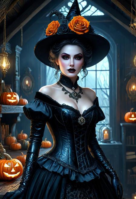 Ultra detailed digital art masterpiece, face portrait, mysterious dark Witch woman, a cute magical creature like a Witch standing in the Shack, realistic black rose, ultra detailed Witch's Mysterious Shack, in year 1880, victorian style, Halloween decorations including pumpkins, rose flower style, white marble, old dark solid wood, victorian decals, perfect lighting, elegant, Tom Bagshaw, Anne Bachelier, unreal engine 5 nanite quality, mixed with dark elements, dark environment, very dark night, clean dark velour witch clothing, dark washed out eyeliner, no make up, natural pale face, nose piercing, abstract, big shiny brown eyes, ultra detailed atmospheric details, beautiful glowing effects, sparkle effects, realistic body proportions, beautiful face proportions, complex masterpiece, wild hair style, creative glowing detailed tattoos, complex physics, enhanced colors, complimentary colors, ultra detailed raytracing reflections, Ultra detailed complex background, environment feels alive, direct eye contact, dramatic lighting, wet and sweaty skin, beautiful firm Breasts, Concept art portrait by Greg Rutkowski