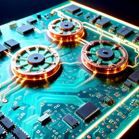 Ancient Greek Antikythera Mechanism as a futuristic holographic circuit board, macro shot, translucent green PCB layers, intricate copper traces, zodiac symbols glowing neon, Tron-inspired riders on hover bikes racing across, vibrant cyan and orange light trails, surface-mount chips, floating gears, ambient cosmic haze, cinematic lighting, shallow depth of field, 8K resolution, ultra-detailed, in the style of I.M. Pei and Frank Lloyd Wright, modernist and geometric architecture, clean lines, organic integration, harmonious structure
