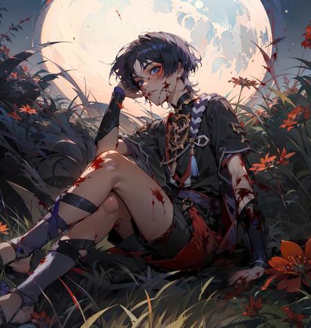 //////masterpiece, best quality, extremely detailed, 3d face, realistic, lustrous skin, (1boy, solo), <lora:Scara_Balladeer:1>, Scara_Balladeer, sitting, full body, shorts, (blood:1.2), sandals,  hand on own face, blood on face, outdoors, nature, field, dark, night, red flower, moon, crossed legs,