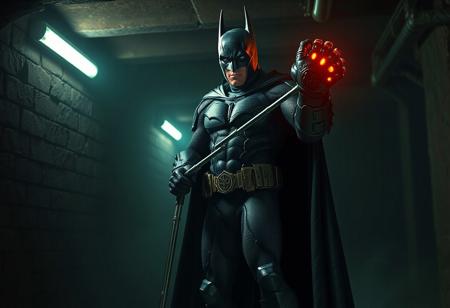 "Create a photorealistic, detailed portrait of Batman wielding the Infernal Gauntlet, inspired by Gao Qipei's style and a dark green color scheme. The scene is set in a dimly lit basement, with Batman standing in a dynamic pose, using crutches and holding a metallic scepter. Utilize 4K/8K resolution, intricate lineart, and atmospheric lighting to enhance the mood. Consider incorporating elements of A24! film cinematography, with sharp focus and a natural atmosphere. This artwork is to be trending on ArtStation, and influenced by the style of i.w.gu, Gustave Dore, Finnian Macmanus, Dariusz Zawadzki, Giger, Dragan Bibin, and Artgerm."full body