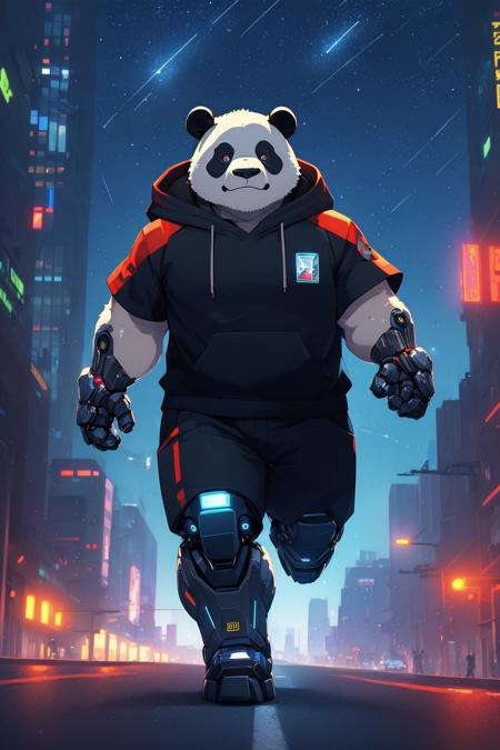 (a cyborg anthropomorphic giant panda male furry is running in the street:1.1), (He has very fluffy fur on cheek and animal head:1.1), (mechanical arms and hands, mechanical legs and boots, gloves:1.1), (He wears a short sleeves red hoodie with both proud and serious on his face:1.1), (His eyes are black and shine and looking afar:1.1), 
BREAK cityscape, backlighting, night, moonlight, starry sky, shooting star, constellation, masterpiece, best quality, realistic, illustration, cyberpunk, science fiction, medium shot, dutch angle, <lora:align_sd_lora:0.5>