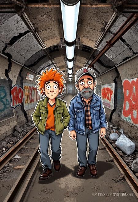 YFG-TTVHUD3 Whimsical subway cartoon: Illustrate two eccentric homeless individuals - 'Ginger' with his signature bright orange wig and threadbare denim jacket, and 'Morty' with his perpetual five o'clock shadow and faded baseball cap - as they stroll along an abandoned underground rail track, the crumbling concrete walls and rusty rebar forming a surreal backdrop. Incorporate vibrant graffiti, flickering fluorescent lights, and scattered trash bags to capture the gritty urban atmosphere.