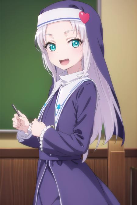 mariatakayama, <lora:maria takayama s2-lora-nochekaiser:1>,
maria takayama, long hair, blue eyes, fang, aqua eyes, smile, open mouth,
BREAK jewelry, heart, necklace, nun, habit,
BREAK indoors, classroom,
BREAK looking at viewer, (cowboy shot:1.5),
BREAK <lyco:GoodHands-beta2:1>, (masterpiece:1.2), best quality, high resolution, unity 8k wallpaper, (illustration:0.8), (beautiful detailed eyes:1.6), extremely detailed face, perfect lighting, extremely detailed CG, (perfect hands, perfect anatomy),