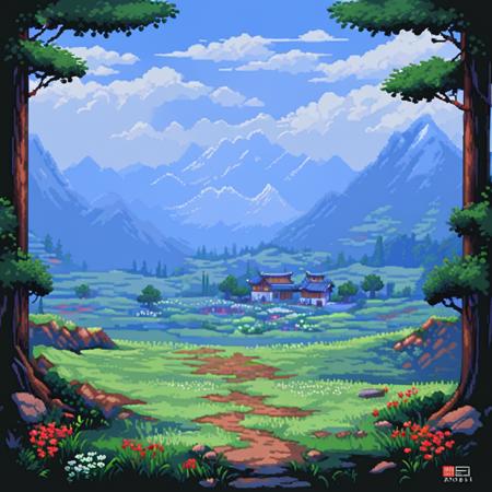 apxlz, pixel art, masterpiece, the chinese countryside, foggy valleys, mountains, trees, flowers, spring