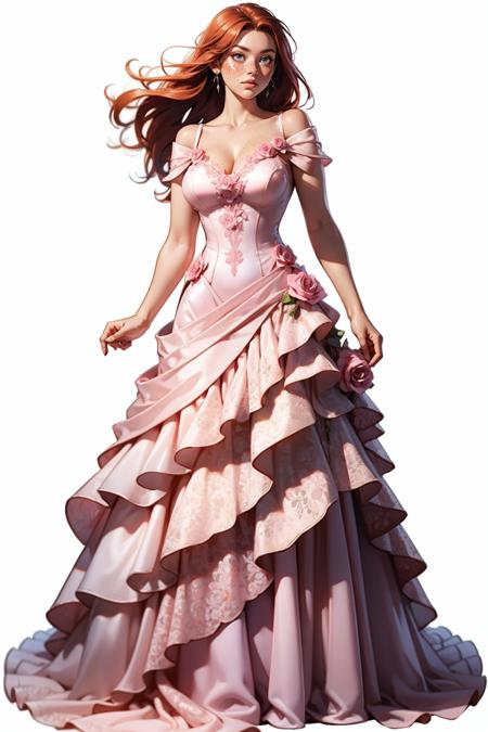 r0s3dr3ss, pink wedding dress, frills, pink roses, fluffy dress,   <lora:r0s3dr3ss:0.7>  <lora:detail_slider_v4:1> <lora:Fr3ckles:0.7> Fr3ckles, freckles, ginger hair, medium breasts, long hair,  grey eyes, <lora:weight_slider_v2:0.8> solo,<lora:age_slider_v20:0.9> white background, full body,