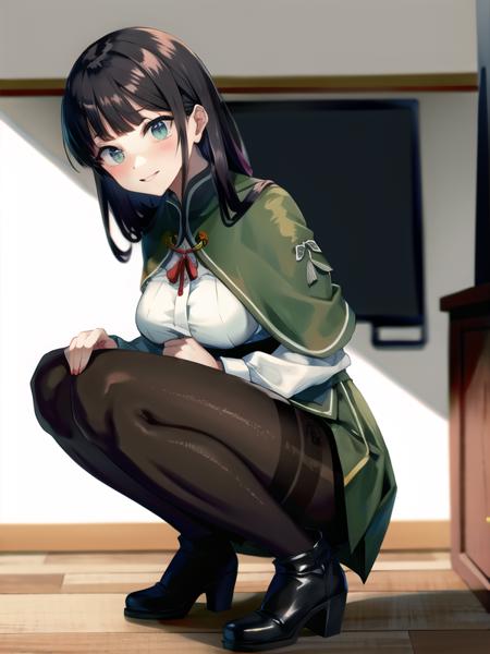 kasugayama,green capelet,white shirt,green skirt,black pantyhose,long boots,long hair,