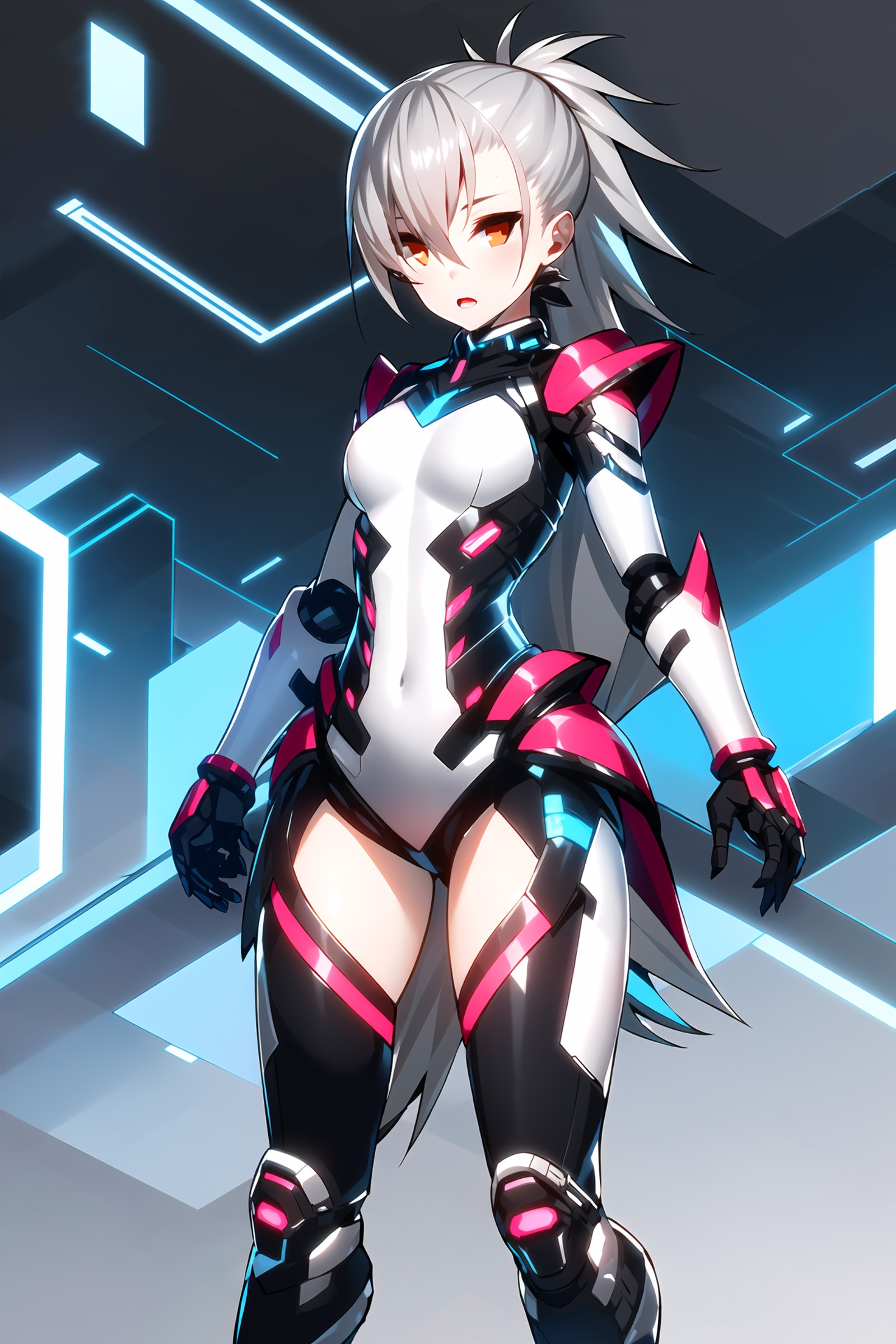 1girl, tina, best quality, standing, battlesuit, mechanical parts, android, long ponytail, silver hair, (red eyes), cyber ...