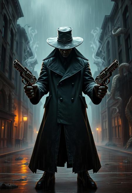 "Hyper-realistic depiction of a stylized bounty hunter boss, inspired by the dark, Gothic world of Bloodborne. The bounty hunter stands tall, clad in a worn, black trench coat and a large, battered hat, with a face obscured by shadows. Each hand grasps a smoking pistol, with intricate, ornate details and a hint of dark, otherworldly energy. The pistols seem to be imbued with a malevolent power, as if they're alive and feeding off the bounty hunter's will. The surrounding environment is a torrential downpour, with rain pouring down in sheets and creating a misty, eerie atmosphere. The bounty hunter stands at the center of a deserted, Victorian-era inspired street, with crumbling buildings and twisted, organic growths looming in the background. Style: extremely detailed, hyper-realistic, and darkly atmospheric, with a focus on capturing the eerie, unsettling essence of Bloodborne's world and the bounty hunter's imposing, mysterious presence."