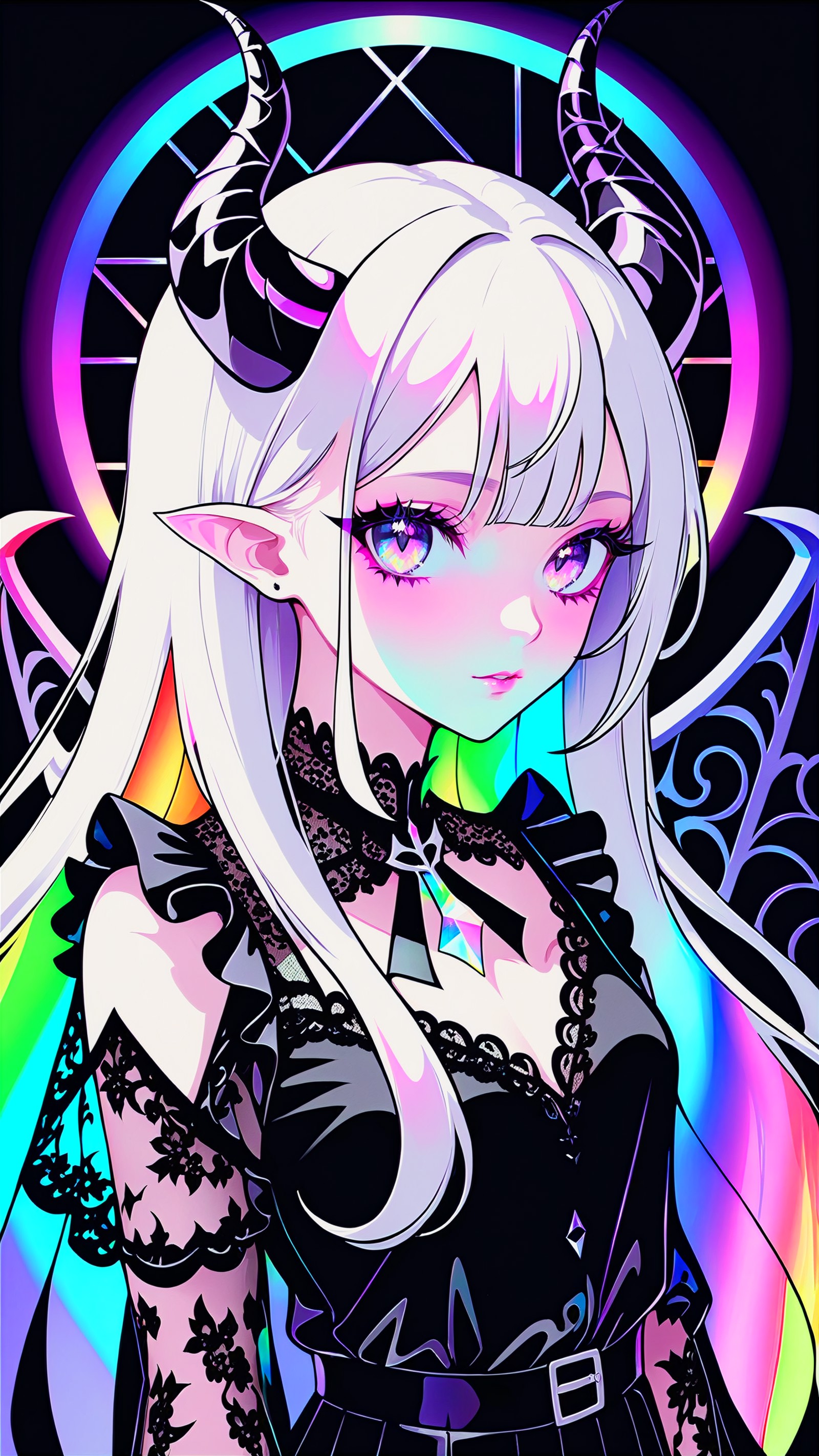 pale demon girl , prismatic coloring, holographic vibe, chromatic black lace blouse, gothic background, (long straight hor...