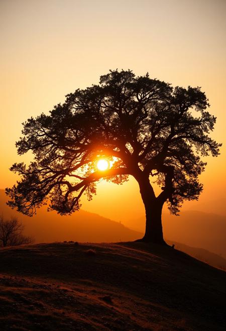 Autumn. Sunset over a mountain landscape. A huge oak tree standing on a hillside, many acorns under the oak, golden light of the setting sun. The sky is a gradient of soft orange and yellow tones merging with the horizon. The exposure is perfectly balanced, emphasizing the natural beauty and tranquility of the landscape. highly detailed and hyper realistic photo, by Alena Aenami , by Archibald Thorburn , by Daniele Afferni , in the style of monochromatic silhouette reflection, limited dark palette, unusual dark colors, faded colors, atmospheric haze, highly dramatic cinematic lighting, motion blur, film grain, professional, excellent composition, finest details, maximized details, ultimate detail level, masterpiece, best quality