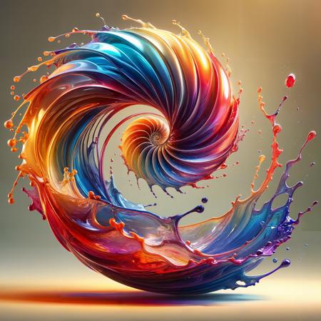A hyperrealistic digital painting of an abstract splash art, resembling a nautilus shell with dynamic fluidity. The artwork captures the glossy and shiny texture of the splash, with vibrant colors blending together in a reflective and volumetric dance. The spiral form of the splash art is composed of rich, saturated hues that transition smoothly from deep blues and purples to fiery oranges and reds, simulating the effect of light refraction through a prism. The scene is highlighted with bright, colorful highlights that give the appearance of depth and three-dimensionality. The background is neutral, emphasizing the vivid colors and allowing the intricate details of the splash to stand out, showcasing the fluid motion and the beauty of blended colors in a still image.