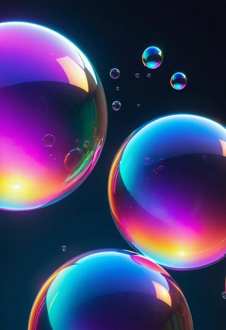 Hyper-realistic digital matte painting. Close-up. Three regular soap bubbles floating in the air. Incredibly detailed, with glints of iridescence reflecting light. Brilliant, dynamic, and volumetric lighting. Neon, synthwave colors blending with iridescent hues. Greg Rutkowski style concept art. Triadic colors, maximalist digital art. Trending on Artstation, Unreal Engine 5 quality. 8k resolution, cinematic, and dramatic, with intricately detailed reflections. Inspired by Alphonse Mucha and Jordan Grimmer's art style. Epic, synthwave retro aesthetic, bright, vivid colors, and sharp depth of field.