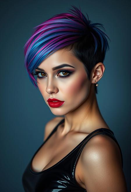A captivating portrait of a 25-year-old Caucasian woman, exuding confidence and allure. Her striking, asymmetrical pixie cut, highlighted with bold streaks of neon pink and electric blue, is styled in a sleek, modern manner. Her makeup is dramatic and sultry, with smoky eyes and a deep, matte red lip. She's dressed in a form-fitting, black latex dress that accentuates her curves. The image, captured by a skilled photographer, is enhanced with dramatic lighting and sensual filters to highlight her youthful beauty and rebellious spirit.