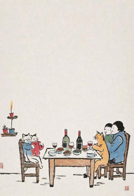 <lora:feng_zikai_style:1> chinese painting of a table with wine bottle and dishes, 2adults and 1child, window on the wall, (snowing outside of the window:1.2), (a cat:1), winter, warm, humble, comfortable, feng zikai style,