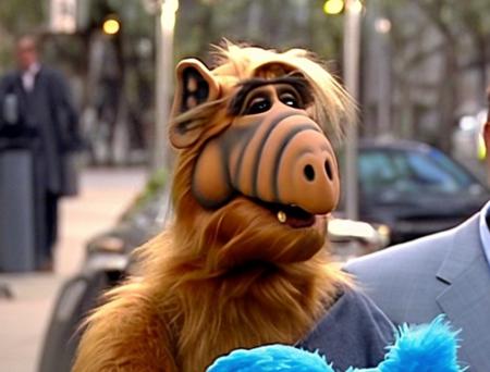 alf person with elon musk wearing a twitter bird costume. Elon has extremely sad facial expression. Seattle Washington outside the Twitter Headquarters. Golden hour, (funny:1.11), professional film footage.