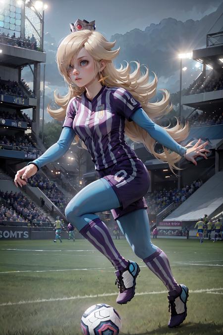 Highly detailed, High Quality, Masterpiece, beautiful, 1girl, IncrsRosalinaStriker, long hair, <lora:Rosalina:0.8>, full body, running, soccer, football field