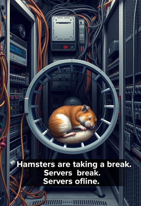 Extremely detailed, advanced machinery, server racks, loose wires, tired hamster sleeping in hamster wheel.
 text that says "Hamsters are taking a break. Servers offline."