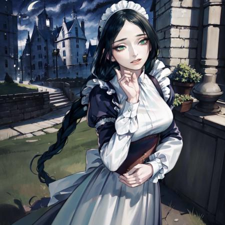 (masterpiece),(best quality),  <lora:Giselle2:0.9>,Giselle,  the maid outfit, long hair, braid, (((night:1.2))),  green eyes, medieval castle,, outside, close,  ultra detailed,