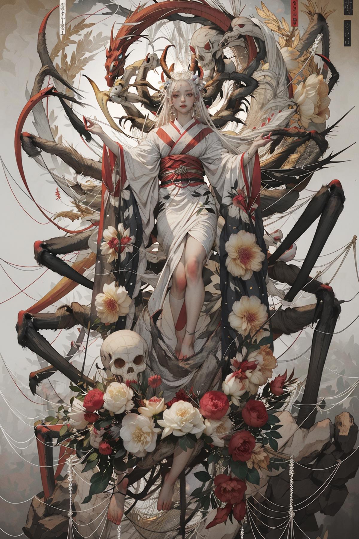 A woman wearing a kimono is sitting on a skull surrounded by red and white flowers.