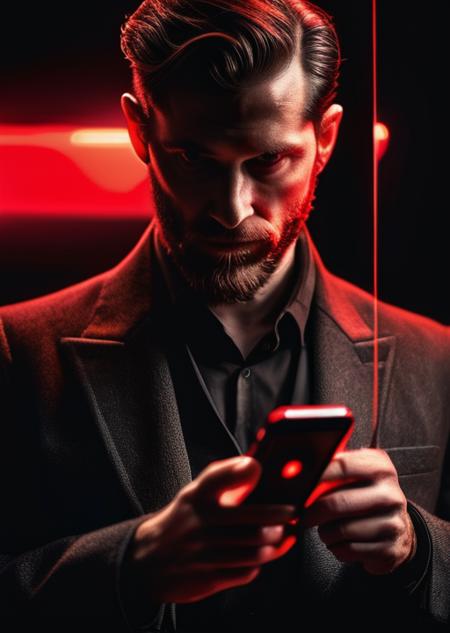 a person holding a cell phone in their hands with red light on them and a black background with a red light on the phone, Cedric Seaut (Keos Masons), anamorphic lens flare, a character portrait, cobra