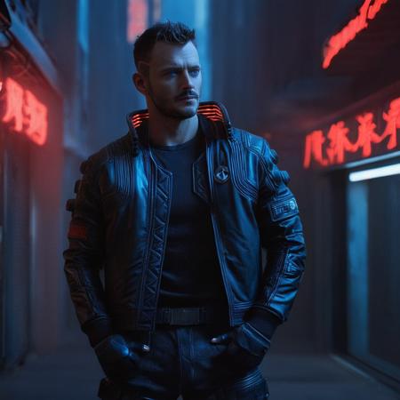cinematic film still of  <lora:perfection style:0.3>
 <lora:detailed:0.1>
 <lora:Chiaroscuro Lighting Style:0.3>
 <lora:cyberpunk style v2:0.9>
 <lora:Cyberpunk Style:0.1>
In Cyberpunk city a muscular man in a black leather jacket and a red neon sign,bionic,transhuman,Dystopia,Dystopian,kakotopia,Science fiction,high tech,low life,societal collapse,Artificial,Posthuman,future,futuristic,Artificial intelligence,Cyborg,genetically-enhanced humans,sci-fi,Cyberpunk Style,solo,blue eyes,1boy,jacket,male focus,open clothes,pants,open jacket,muscular,glowing,glowing eyes,mechanical arms,cyborg,single mechanical arm,mohawk,cyberpunk,alley,Cyberpunk Style , science fiction, futuristic setting, detailed background, dramatic light, dramatic shadow light, contrast, cinematic color, cinematic look, filmic, realistic, realism, perfection, perfect, different, cinematic, film, cinematography, artstation, Cyberpunk city style, Cyberpunk style, shallow depth of field, vignette, highly detailed, high budget, bokeh, cinemascope, moody, epic, gorgeous, film grain, grainy