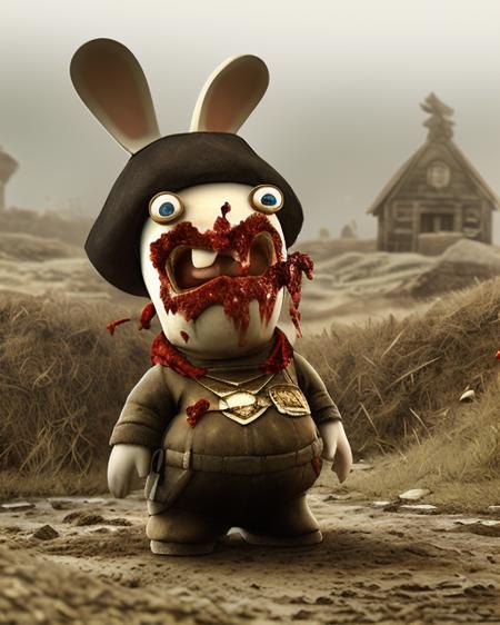 (zombie:1.3), (rabbit ears, standing, full body, :1.2), abandoned village in the background, <lora:Raving Rabbids:1> Raving Rabbids, no human, (foggy background, epic realistic, rutkowski, hdr, intricate details, hyperdetailed, cinematic, rim light, muted colors:1.2), faded, depth of field, complex background, dramatic light, (anime), (illustration), cartoon, detailed