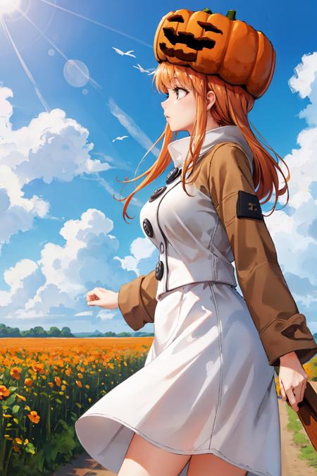 masterpiece, best quality,  <lora:snowgolem-nvwls-v1-000009:0.9> sgolem, pumpkin hat, coat, white skirt, buttons, large breasts, looking up, sun, flowers, spring, sunlight, worried, from side