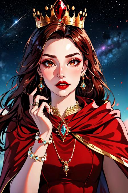 Regality Style, Regality Style, 1girl, blurry, blurry background, bracelet, brown eyes, brown hair, cape, crown, dress, earrings, gem, jewelry, long hair, looking at viewer, necklace, parted lips, red cape, red dress, red gemstone, red lips, ring, solo, starry sky print