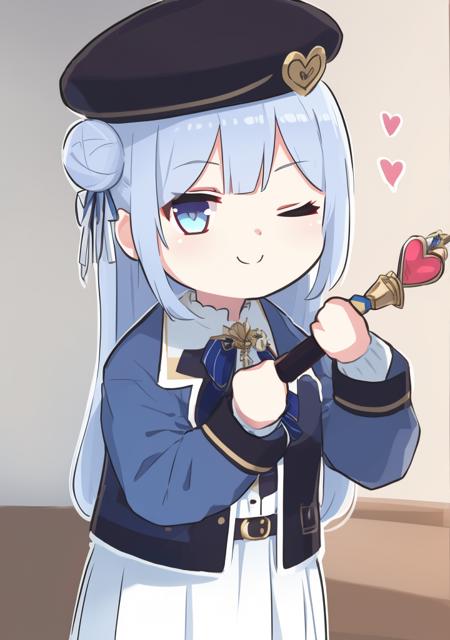 1girl, one eye closed, solo, blue hair, skirt, blue eyes, smile, long hair, white skirt, holding, wand, hat, hair bun, looking at viewer, white headwear, virtual youtuber, bangs, belt, long sleeves, holding wand, shirt, closed mouth, heart, blush, jacket, blue shirt, ribbon, ;), hair ornament, bow, double bun, very long hair<lora:xinzoruo-05:1>