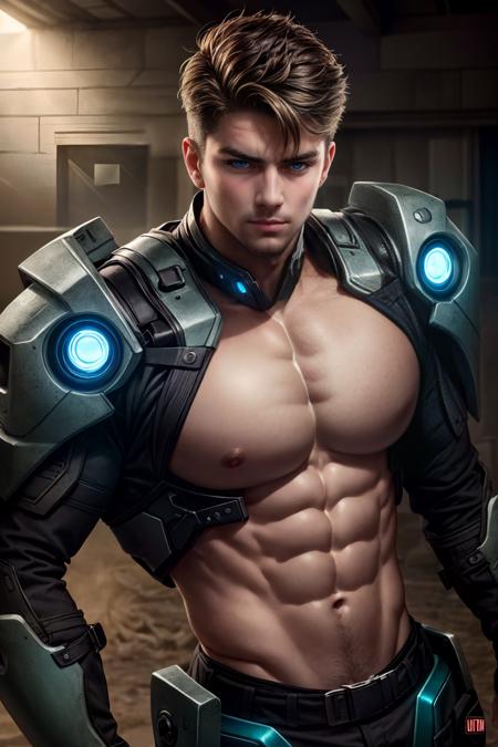 realistic, masterpiece, best quality, cinematic, dynamic lighting, soft shadow, highest detail, professional photography, detailed background, depth of field, insane details, intricate, aesthetic, detailed face, subsurface scattering, realistic hair, realistic eyes, 1boy, muscular, manly, (large pectorals:1), pectorals, abs, Portrait photo of a handsome man in a worn mech suit, rusted metal, sharp focus, photo by mark henderson, soft lighting, vibrant colors, looking at viewer, glowing robot eyes, cowboy shot,