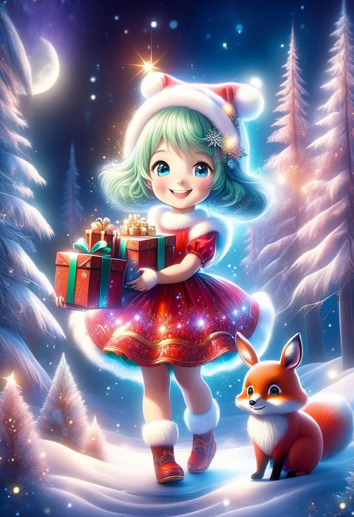 A green and red dressed girl with a fox and present.