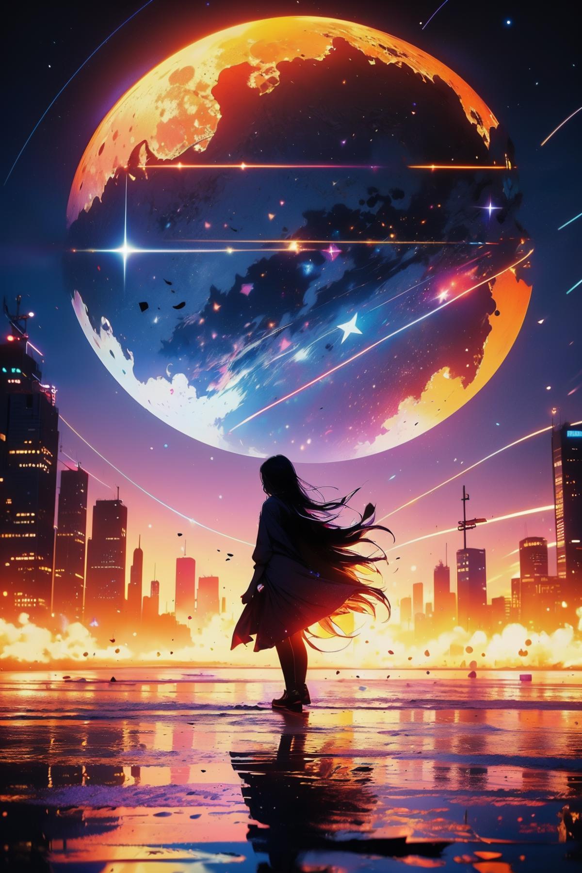 A woman with long hair standing in front of a city and a moon with a meteor shower.