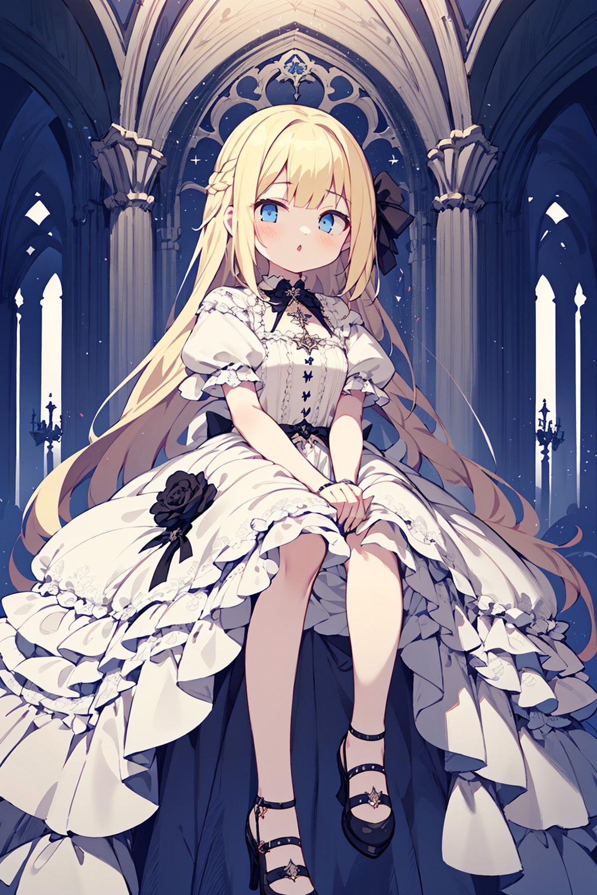 1girl, white gothic dress, blonde long hair, shoes, gothic palace